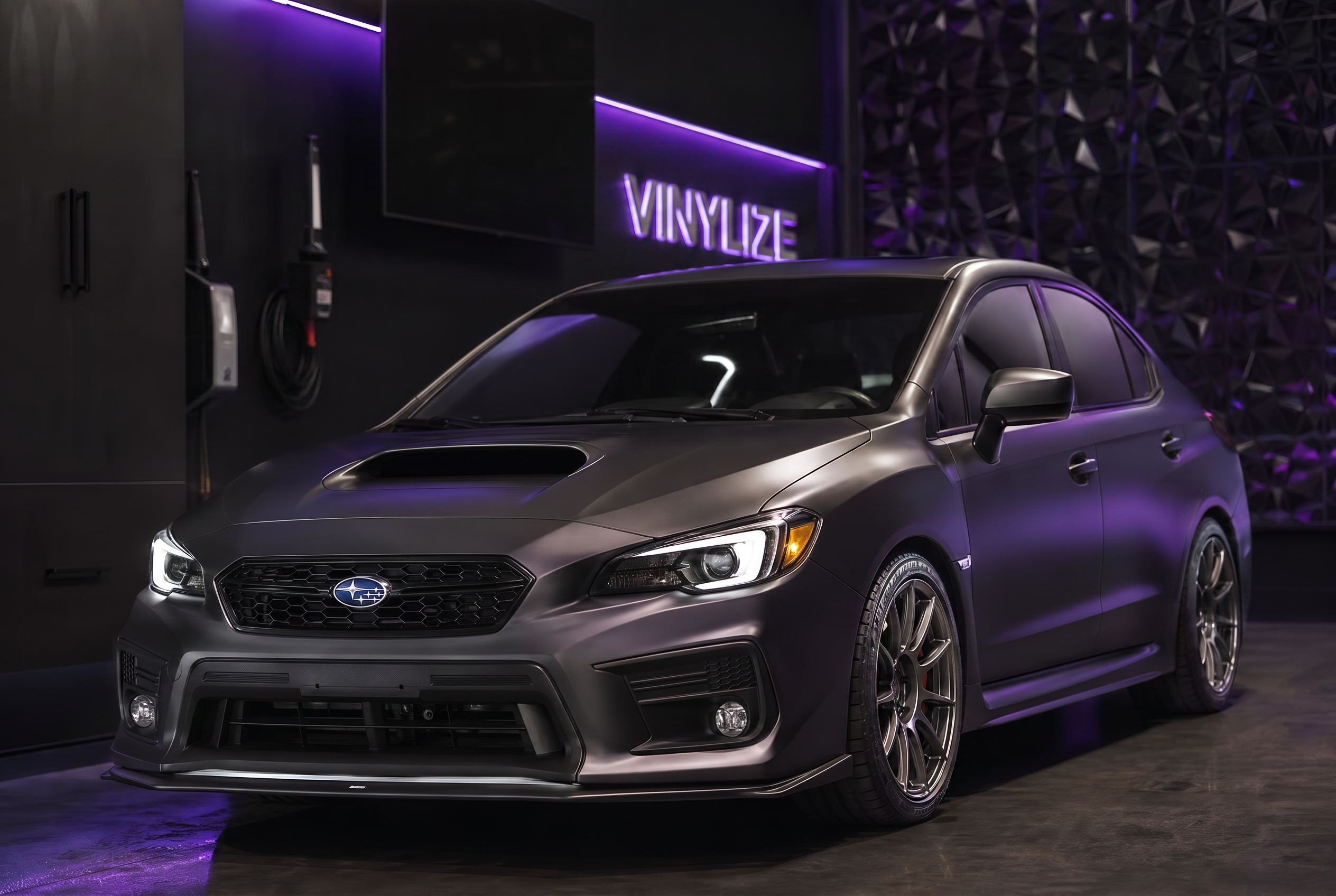 Purple wrapped supercar under neon lighting